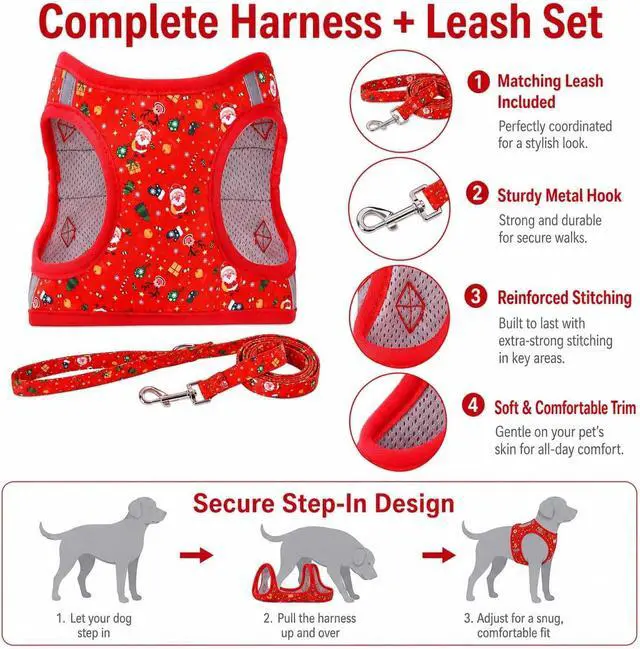 Alt view image 6 of 6 - Step in Christmas Xmas Day Dog Harness Leash Set- All Weather Reflective No-Pull Floral Pattern Padded Mesh Vest Harness for Cats Puppy Extra-Small Small Medium Large Dogs - XS