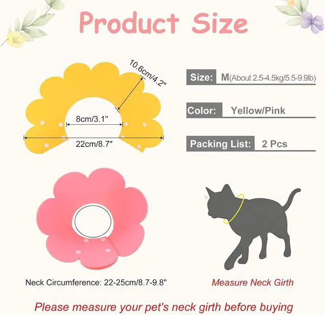 Alt view image 2 of 7 - Felt Cat Recovery Collar, Cute Flower Cat Recovery Collar Adjustable Recovery Cones (2Pcs, M 8.7-9.8inch, Yellow/Pink) for Small Dogs Kittens Cats