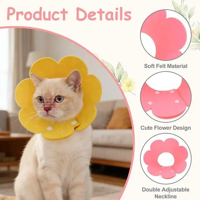 Alt view image 3 of 7 - Felt Cat Recovery Collar, Cute Flower Cat Recovery Collar Adjustable Recovery Cones (2Pcs, M 8.7-9.8inch, Yellow/Pink) for Small Dogs Kittens Cats