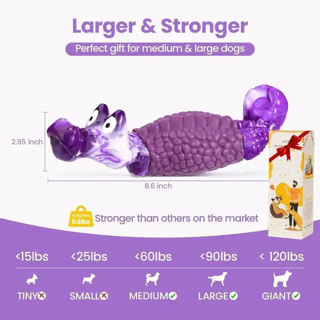 Alt view image 6 of 7 - Tough Dog Toys for Aggressive Chewers, Squeaky Indestructible Chew Toy | Alligator Dog Toy for Medium & Large Dogs, Hard Nylon & Natural Rubber, Teeth Cleaning Texture, Bacon Flavor, Keeps Dogs Busy