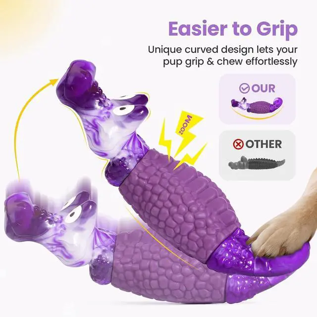 Alt view image 2 of 7 - Tough Dog Toys for Aggressive Chewers, Squeaky Indestructible Chew Toy | Alligator Dog Toy for Medium & Large Dogs, Hard Nylon & Natural Rubber, Teeth Cleaning Texture, Bacon Flavor, Keeps Dogs Busy