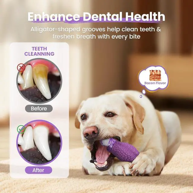 Alt view image 5 of 7 - Tough Dog Toys for Aggressive Chewers, Squeaky Indestructible Chew Toy | Alligator Dog Toy for Medium & Large Dogs, Hard Nylon & Natural Rubber, Teeth Cleaning Texture, Bacon Flavor, Keeps Dogs Busy