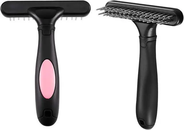 Alt view image 2 of 6 - Pet Grooming Rake - Double Row Pins Shedding and Dematting Undercoat Rake Comb for Dogs, Cats, Matted, Short, Long Hair Coats - Safe Grooming & Deshedding Brush - Comb Out Mats & Tangles Easily