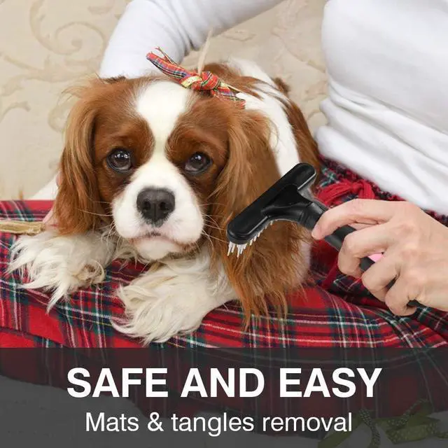 Alt view image 5 of 6 - Pet Grooming Rake - Double Row Pins Shedding and Dematting Undercoat Rake Comb for Dogs, Cats, Matted, Short, Long Hair Coats - Safe Grooming & Deshedding Brush - Comb Out Mats & Tangles Easily
