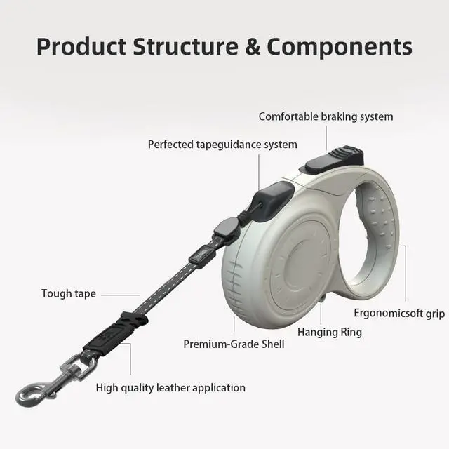 Alt view image 2 of 5 - Retractable Dog Leash for Medium & Large Dogs up to 80 lbs, One-Handed Brake, 180kg Strong Nylon Tape, Tangle Free, Anti-Slip Handle (M & L Size) (Grey, M-4M)