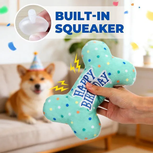 Alt view image 2 of 7 - Dog Birthday Toys, Plush Dog Squeaky Toys, Stuffed Puppy Chew Toy for Small Medium Large Dogs, Bone Pet Toy