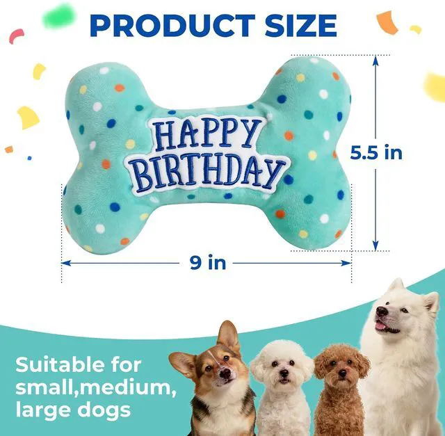 Alt view image 3 of 7 - Dog Birthday Toys, Plush Dog Squeaky Toys, Stuffed Puppy Chew Toy for Small Medium Large Dogs, Bone Pet Toy