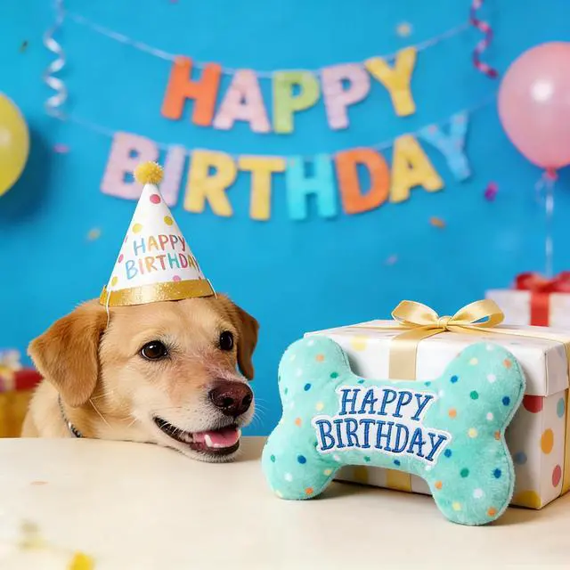 Alt view image 6 of 7 - Dog Birthday Toys, Plush Dog Squeaky Toys, Stuffed Puppy Chew Toy for Small Medium Large Dogs, Bone Pet Toy