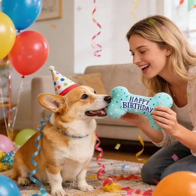 Alt view image 7 of 7 - Dog Birthday Toys, Plush Dog Squeaky Toys, Stuffed Puppy Chew Toy for Small Medium Large Dogs, Bone Pet Toy