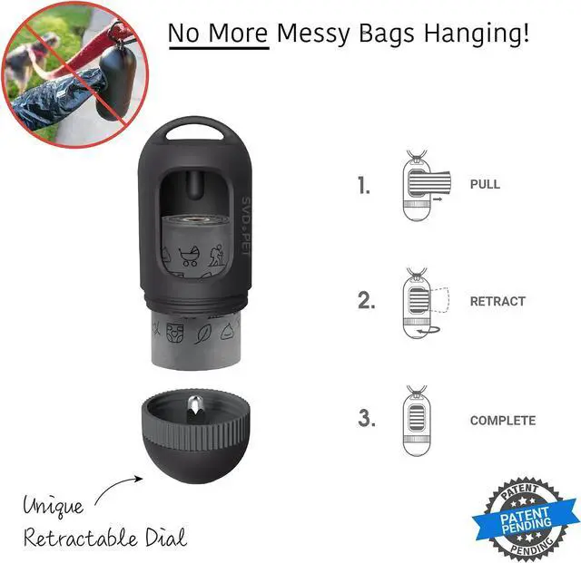 Alt view image 2 of 6 - Dog Poop Bag Dispenser, Waste Bag Retractable, Black | Portable Poop Bag Holder, Fits Any Dog Leash, Leak-Proof Bag Starter Roll Included, Dog Walking & Travel Accessory