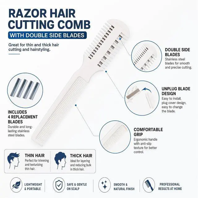 Alt view image 4 of 7 - Razor Comb for Hair Cutting, Double Edged Razor Cutting Comb. with 5 Replacement Blades,Split End HairTrimmer Styling Tool for Thinning, Texturizing, and Grooming