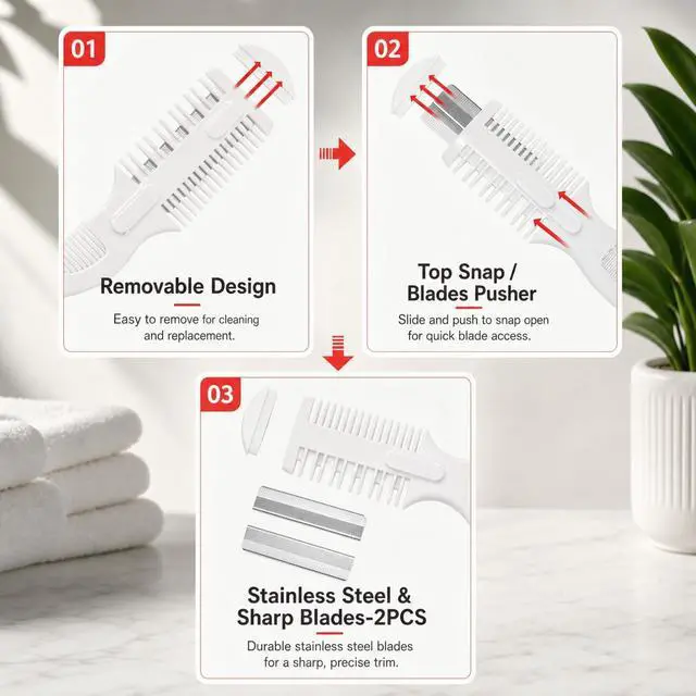 Alt view image 5 of 7 - Razor Comb for Hair Cutting, Double Edged Razor Cutting Comb. with 5 Replacement Blades,Split End HairTrimmer Styling Tool for Thinning, Texturizing, and Grooming