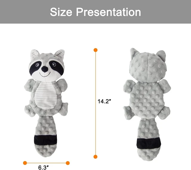 Alt view image 4 of 7 - No Stuffing Squeaky Dog Toys Plush Chew Toy for Small Medium Puppy Large Breed, Stuffless Cute Animal Plush Toy for Indoor Play, Tough Durable Teething Interactive Gift, Raccoon,Gray