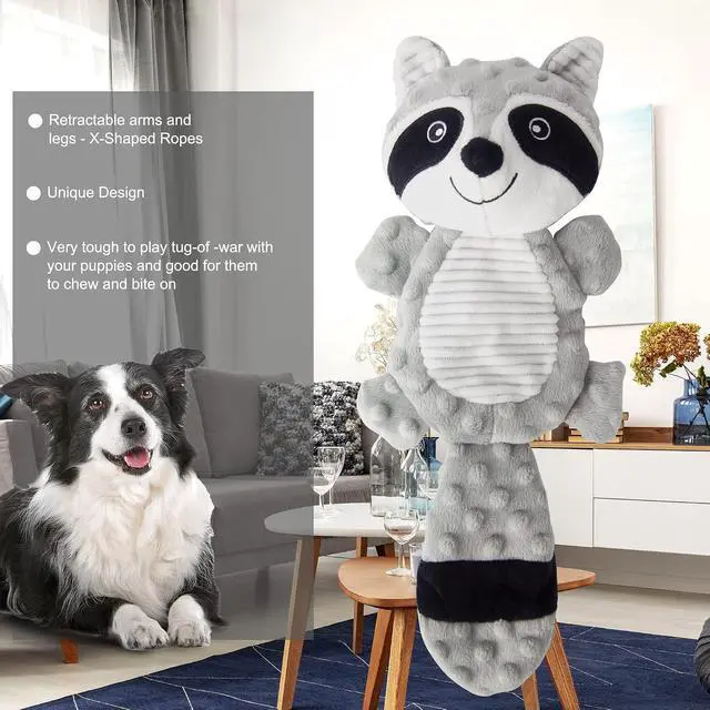 Alt view image 5 of 7 - No Stuffing Squeaky Dog Toys Plush Chew Toy for Small Medium Puppy Large Breed, Stuffless Cute Animal Plush Toy for Indoor Play, Tough Durable Teething Interactive Gift, Raccoon,Gray