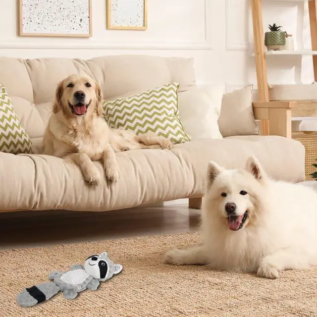 Alt view image 7 of 7 - No Stuffing Squeaky Dog Toys Plush Chew Toy for Small Medium Puppy Large Breed, Stuffless Cute Animal Plush Toy for Indoor Play, Tough Durable Teething Interactive Gift, Raccoon,Gray