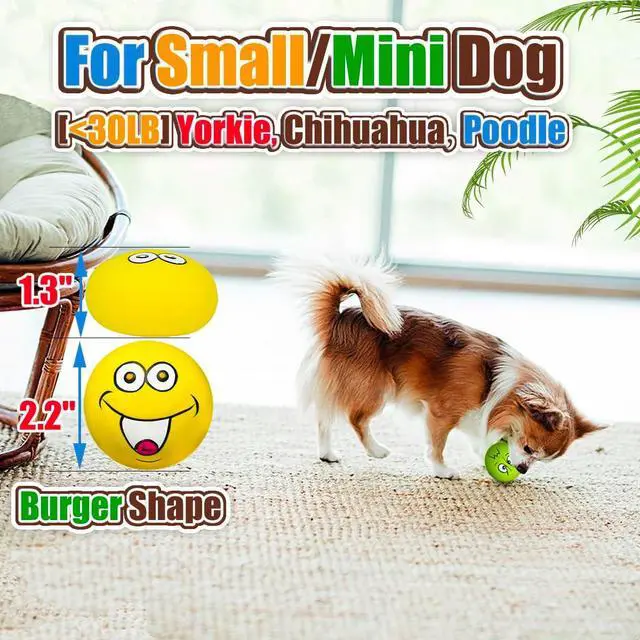Alt view image 4 of 7 - Squeaky Dog Toys for Small Dogs, Mini Breeds, 2.2" Flat Latex Ball | 2.2"*2.2"*1.3", Flat Squeak Dog Balls 4pcs, Small Puppy Toy with Squeaker, Soft Rubber Dog Squeaky Toys for Indoor, Outdoor
