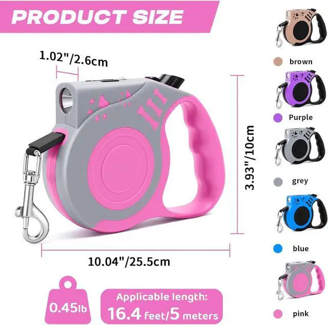 Alt view image 3 of 7 - Retractable Dog Leash with USB Rechargeable Flashlight, Pink | 16FT Automatic Telescopic Tractor Dog Leash, Durable ABS Case and Comfort Grip, Designed for Small Medium Dogs Up to 30lbs