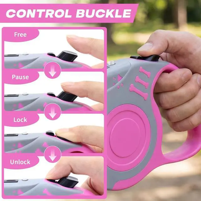Alt view image 5 of 7 - Retractable Dog Leash with USB Rechargeable Flashlight, Pink | 16FT Automatic Telescopic Tractor Dog Leash, Durable ABS Case and Comfort Grip, Designed for Small Medium Dogs Up to 30lbs