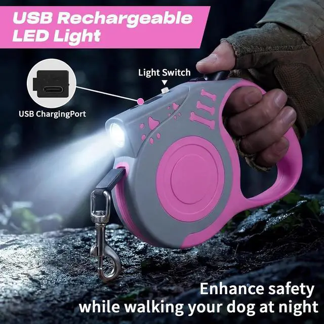 Alt view image 2 of 7 - Retractable Dog Leash with USB Rechargeable Flashlight, Pink | 16FT Automatic Telescopic Tractor Dog Leash, Durable ABS Case and Comfort Grip, Designed for Small Medium Dogs Up to 30lbs