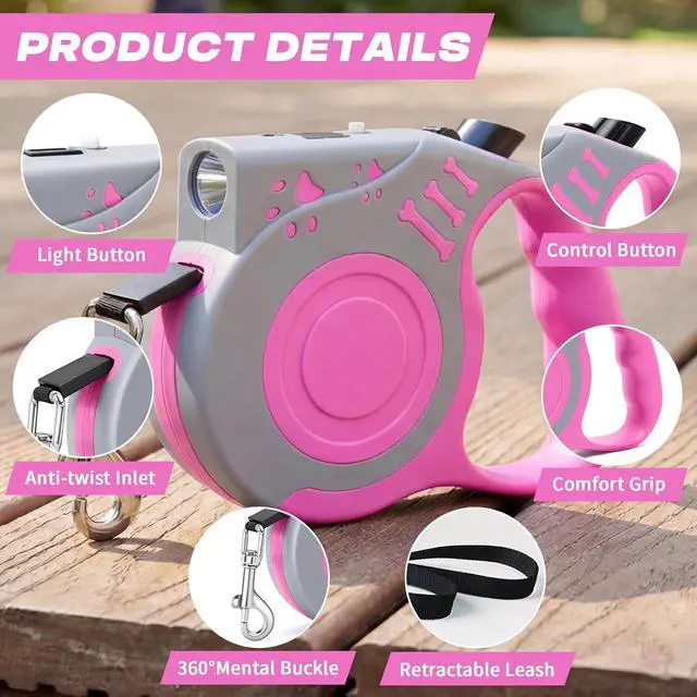 Alt view image 6 of 7 - Retractable Dog Leash with USB Rechargeable Flashlight, Pink | 16FT Automatic Telescopic Tractor Dog Leash, Durable ABS Case and Comfort Grip, Designed for Small Medium Dogs Up to 30lbs