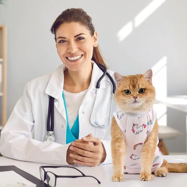 Alt view image 2 of 6 - Cat Recovery Suit - Kitten Onesie for Cats After Surgery | Stop Licking, Protects Stitches, M: Neck 9.5"-11"/Chest 13.7"-15.4"/Back 10.4", Soft & Breathable, Hook & Loop, Cute