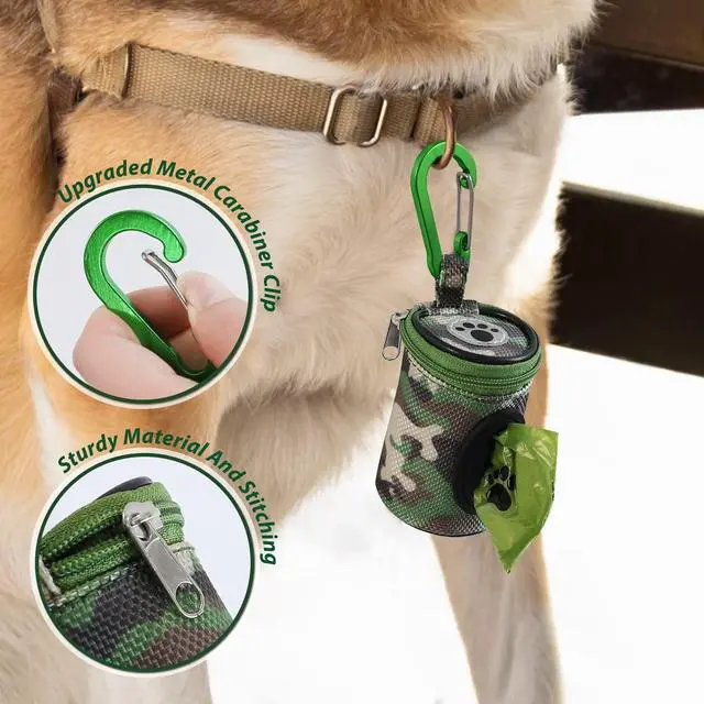 Alt view image 2 of 5 - Dog Poop Bag Holder for Leash with Carabiner Clip Soft Fabric | Small Doggie Waste Bag Dispenser Pet Doggy Bag Carrier 1680D Nylon Oxford Puppy Potty Zipper Pouch with 1 Roll, Woodland Camo