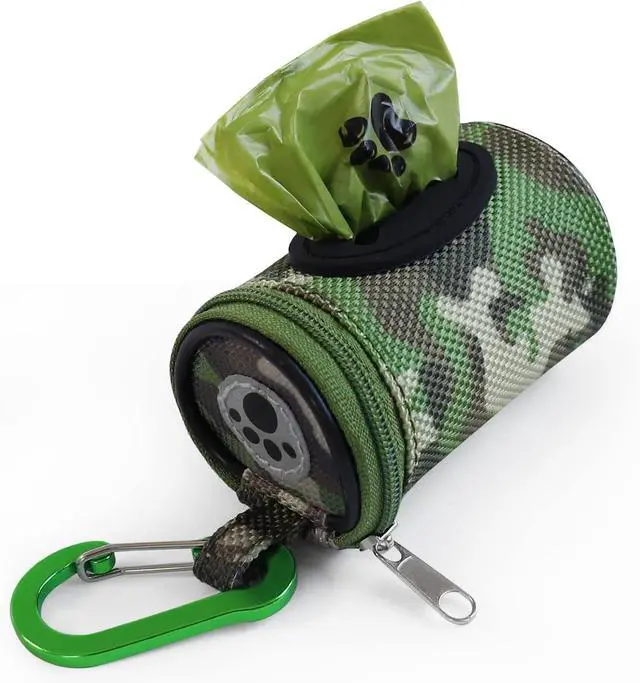 Main image of Dog Poop Bag Holder for Leash with Carabiner Clip Soft Fabric | Small Doggie Waste Bag Dispenser Pet Doggy Bag Carrier 1680D Nylon Oxford Puppy Potty Zipper Pouch with 1 Roll, Woodland Camo