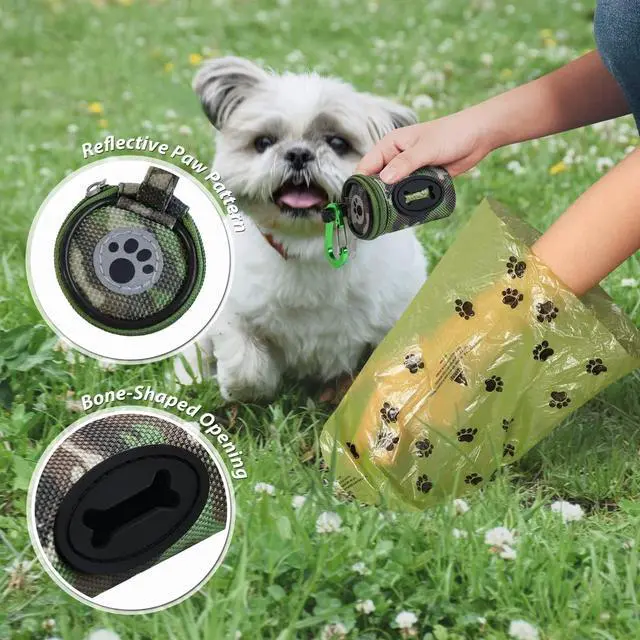 Alt view image 3 of 5 - Dog Poop Bag Holder for Leash with Carabiner Clip Soft Fabric | Small Doggie Waste Bag Dispenser Pet Doggy Bag Carrier 1680D Nylon Oxford Puppy Potty Zipper Pouch with 1 Roll, Woodland Camo