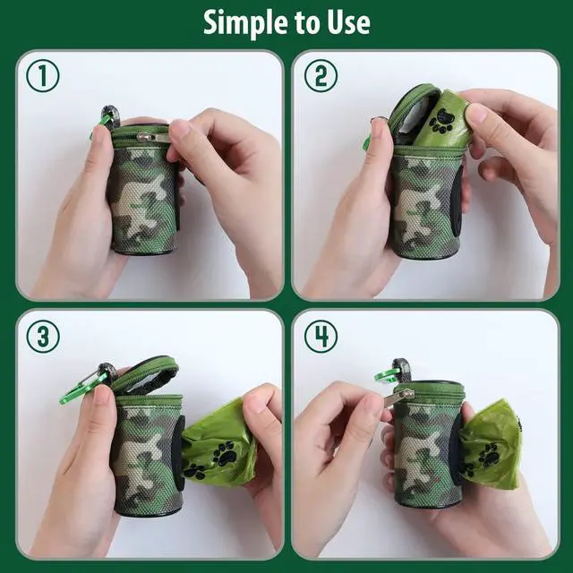 Alt view image 4 of 5 - Dog Poop Bag Holder for Leash with Carabiner Clip Soft Fabric | Small Doggie Waste Bag Dispenser Pet Doggy Bag Carrier 1680D Nylon Oxford Puppy Potty Zipper Pouch with 1 Roll, Woodland Camo