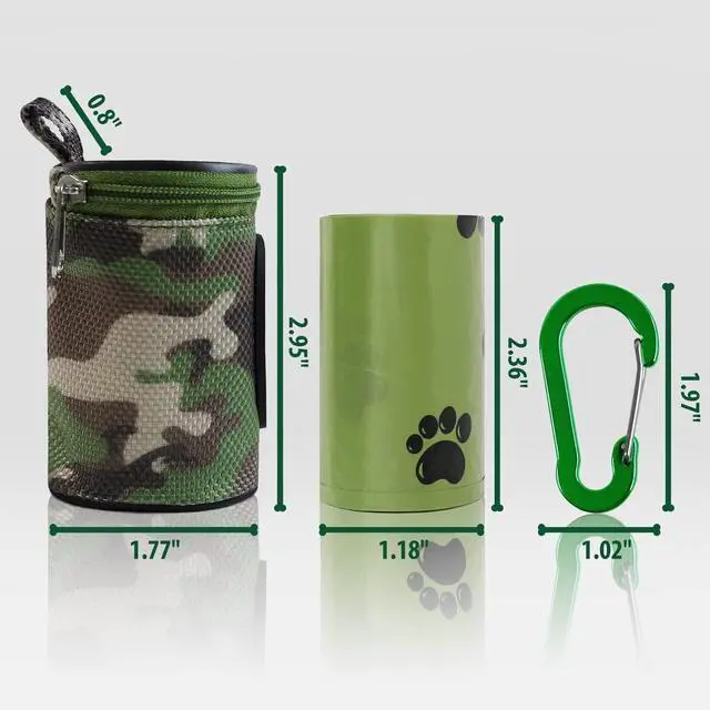 Alt view image 5 of 5 - Dog Poop Bag Holder for Leash with Carabiner Clip Soft Fabric | Small Doggie Waste Bag Dispenser Pet Doggy Bag Carrier 1680D Nylon Oxford Puppy Potty Zipper Pouch with 1 Roll, Woodland Camo