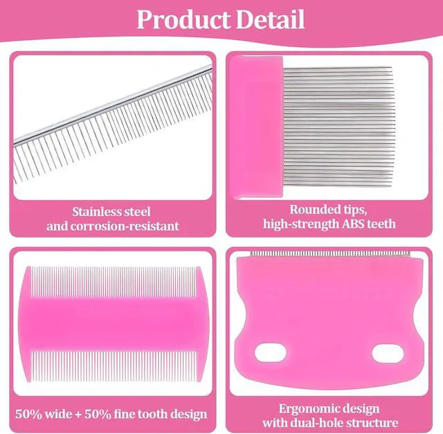 Alt view image 3 of 6 - 6 Pack Pet Grooming Combs, Stainless Steel Dog and Cat Grooming Combs with Rounded Teeth, Double-Sided Professional Pet Tear Stain Remover for Small, Medium, and Large Pets (Pink)