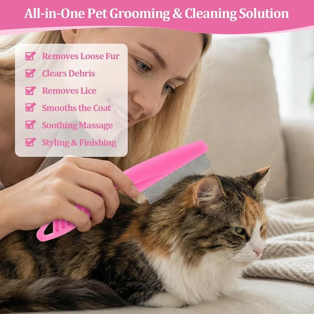 Alt view image 4 of 6 - 6 Pack Pet Grooming Combs, Stainless Steel Dog and Cat Grooming Combs with Rounded Teeth, Double-Sided Professional Pet Tear Stain Remover for Small, Medium, and Large Pets (Pink)