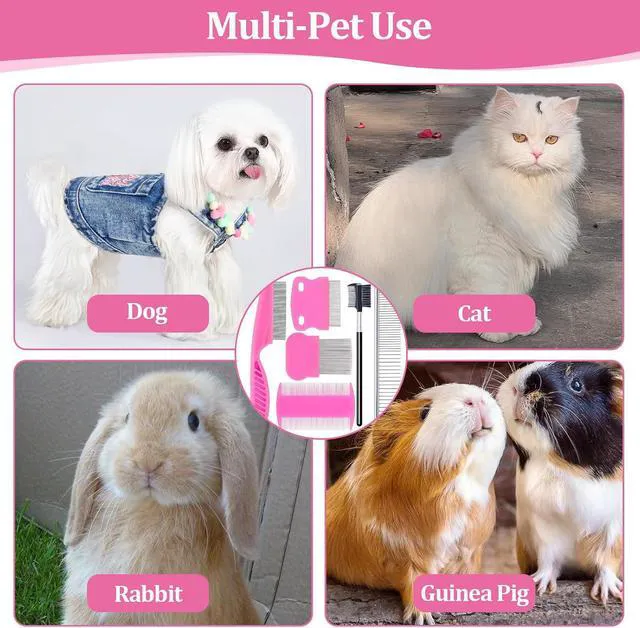 Alt view image 6 of 6 - 6 Pack Pet Grooming Combs, Stainless Steel Dog and Cat Grooming Combs with Rounded Teeth, Double-Sided Professional Pet Tear Stain Remover for Small, Medium, and Large Pets (Pink)