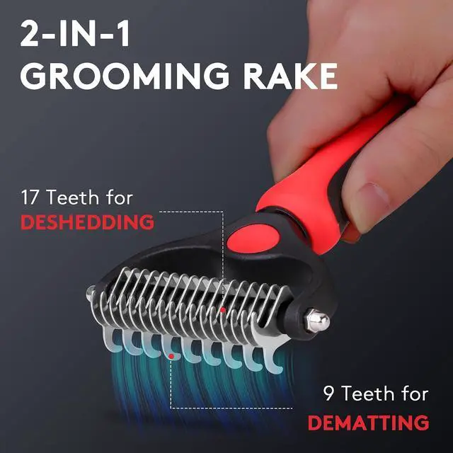 Alt view image 2 of 7 - Deshedding Dog Brush for Long Haired Dogs Cats,Undercoat Shedding Rake for Dematting Detangling Tangles Matted Fur and Knots,Metal Pet Comb,Professional Pet Grooming Supplies Tool Kit,Red