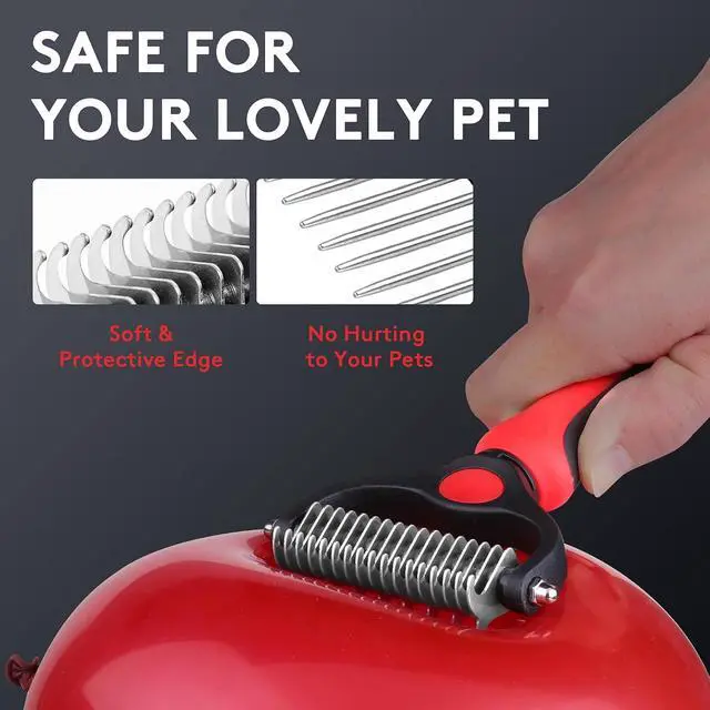 Alt view image 4 of 7 - Deshedding Dog Brush for Long Haired Dogs Cats,Undercoat Shedding Rake for Dematting Detangling Tangles Matted Fur and Knots,Metal Pet Comb,Professional Pet Grooming Supplies Tool Kit,Red