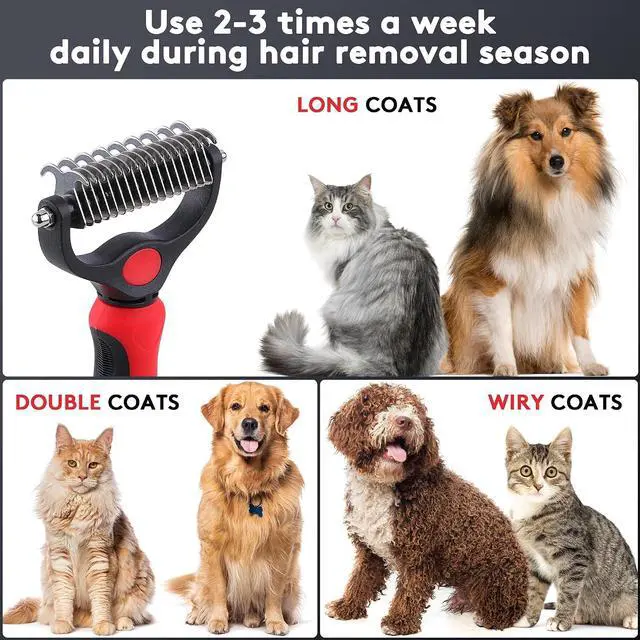 Alt view image 5 of 7 - Deshedding Dog Brush for Long Haired Dogs Cats,Undercoat Shedding Rake for Dematting Detangling Tangles Matted Fur and Knots,Metal Pet Comb,Professional Pet Grooming Supplies Tool Kit,Red