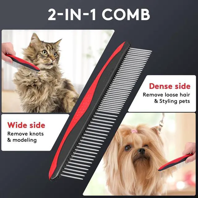 Alt view image 3 of 7 - Deshedding Dog Brush for Long Haired Dogs Cats,Undercoat Shedding Rake for Dematting Detangling Tangles Matted Fur and Knots,Metal Pet Comb,Professional Pet Grooming Supplies Tool Kit,Red