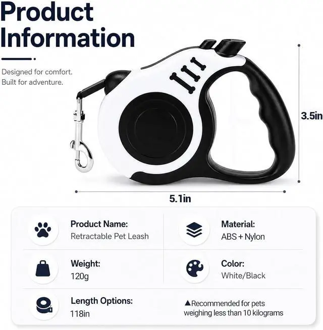 Alt view image 2 of 7 - 10 FT Retractable Dog Leash, Automatic Telescopic Pet Walking Leash with Non-Slip Handle, Durable Easy Grip Dog Tape Traction Rope for Small Medium Dogs, White