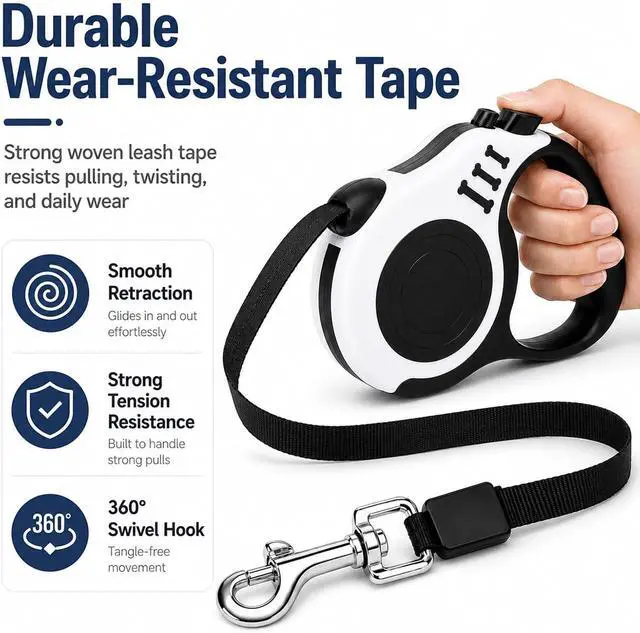 Alt view image 4 of 7 - 10 FT Retractable Dog Leash, Automatic Telescopic Pet Walking Leash with Non-Slip Handle, Durable Easy Grip Dog Tape Traction Rope for Small Medium Dogs, White