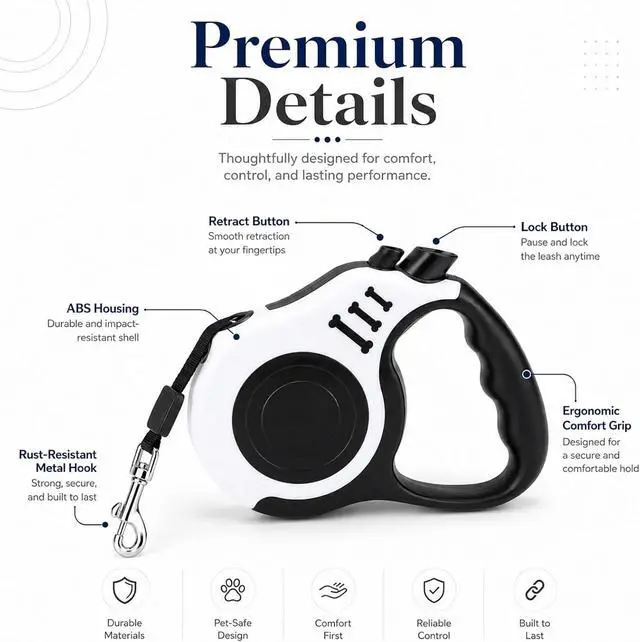 Alt view image 5 of 7 - 10 FT Retractable Dog Leash, Automatic Telescopic Pet Walking Leash with Non-Slip Handle, Durable Easy Grip Dog Tape Traction Rope for Small Medium Dogs, White