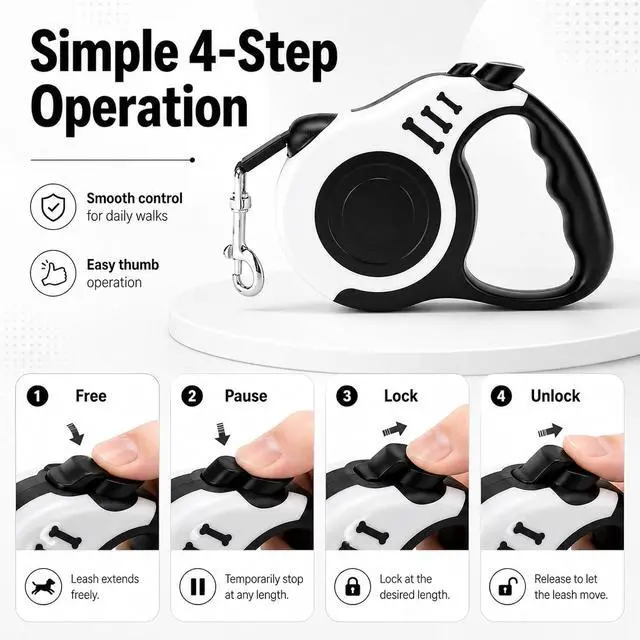 Alt view image 6 of 7 - 10 FT Retractable Dog Leash, Automatic Telescopic Pet Walking Leash with Non-Slip Handle, Durable Easy Grip Dog Tape Traction Rope for Small Medium Dogs, White