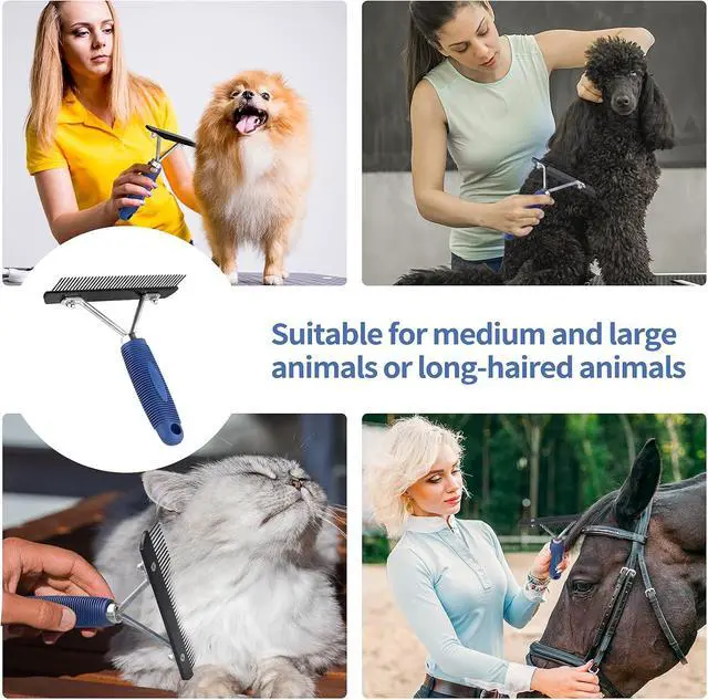 Alt view image 3 of 6 - Long Tooth Grooming Undercoat Rake + Stainless Steel Shedding Comb | Deshedding Brushes for Large Pet Horse Longhair Cat, German Shepherd Husky Brush, Dual-Density Straight Comb for Detangling