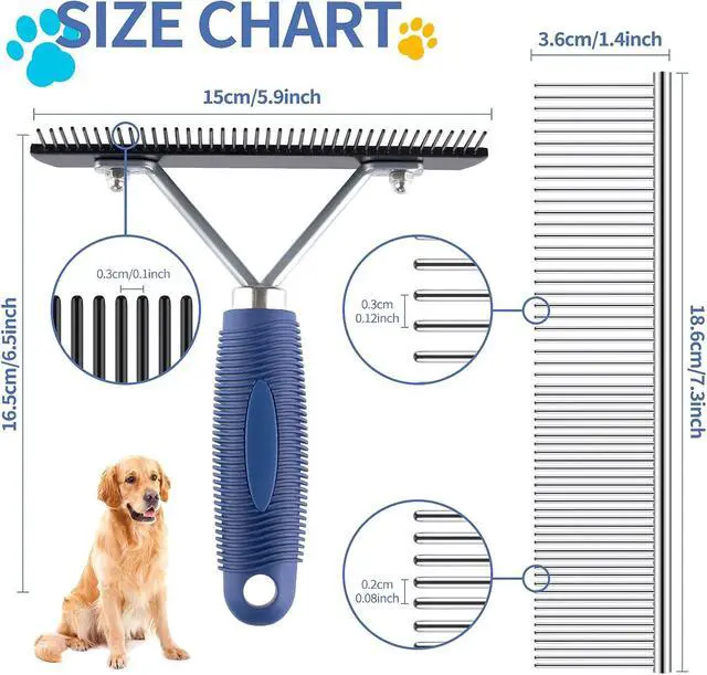 Alt view image 5 of 6 - Long Tooth Grooming Undercoat Rake + Stainless Steel Shedding Comb | Deshedding Brushes for Large Pet Horse Longhair Cat, German Shepherd Husky Brush, Dual-Density Straight Comb for Detangling