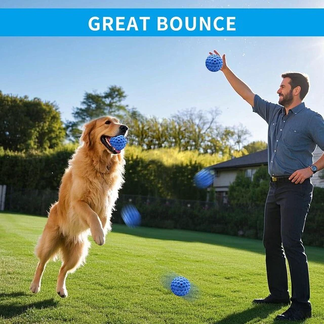 Alt view image 4 of 7 - Durable Indestructible Squeaky Dog Ball for Aggressive Heavy Chewers, Unbreakable Tough Natural Rubber Dog Toy, Bouncy Interactive Ball for Medium & Large Dogs, Safe for Teeth & Gums (Blue)