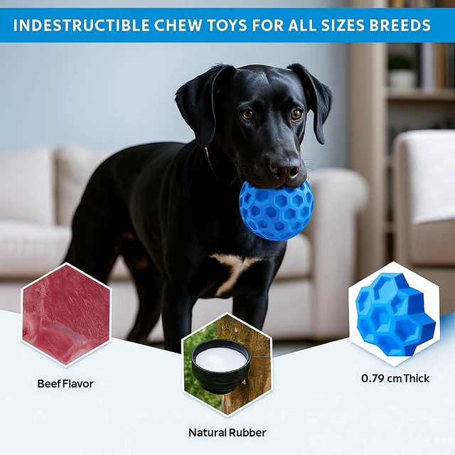 Alt view image 6 of 7 - Durable Indestructible Squeaky Dog Ball for Aggressive Heavy Chewers, Unbreakable Tough Natural Rubber Dog Toy, Bouncy Interactive Ball for Medium & Large Dogs, Safe for Teeth & Gums (Blue)