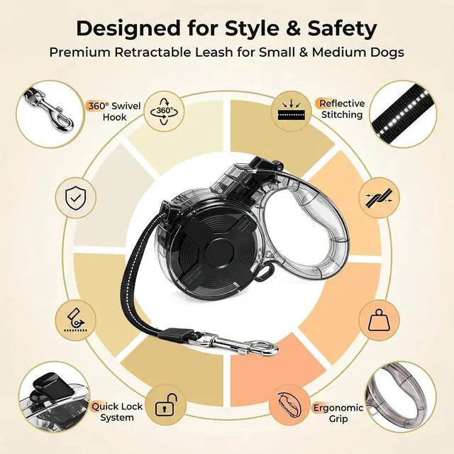 Alt view image 2 of 7 - Retractable Dog Leash for Small Dogs, 13ft Reflective Retractable Leash with 360° Tangle-Free Design, Heavy Duty Nylon Tape Lead for Small to Medium Pets up to 50 lbs One-Handed Brake & Lock