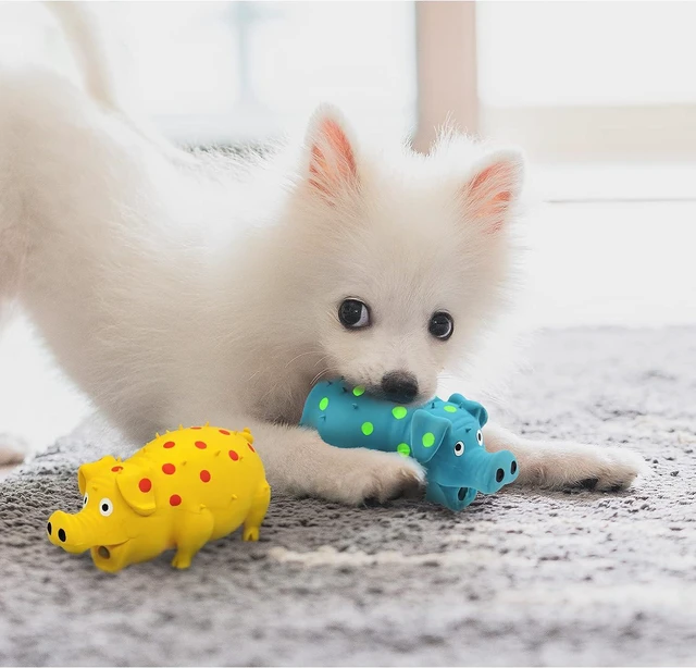 Alt view image 7 of 7 - Dog Squeaky Toy, Dots Latex Dog Chew Toys with a Oinks Sound Squeaker Grunting Pig Dog Toy Durable Self Play 8" Dogs Squeeze Toy for Dental Biting Chasing to Kill Boring Time (Blue)