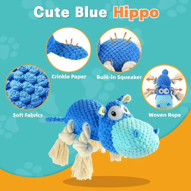 Alt view image 2 of 6 - Hippo Squeaky Dog Toy, Blue, Medium | Cute Plush Design, Rope Legs for Tugging, Helps Keep Dogs Busy, Suitable for Small, Medium, and Large Dogs