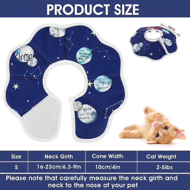 Alt view image 4 of 7 - Cobee Soft Cat Cone Collar, Protective Cute Small Cat Recovery Collar Adjustable Fasteners Collars for Kittens Cats E-Collars After Surgery Wound Healing, Fit 6.3"-9" Neck Circumference(Constellation)