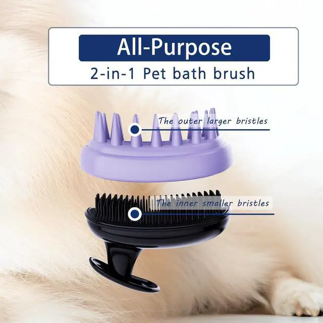 Alt view image 2 of 7 - All-purpose Dog Shampoo Bath Brush,Pet Grooming & Soothing Massage Silicone Brush,Fits Ergonomically in the Hand for Long Short Haired Dogs and Cats(Black Purple)